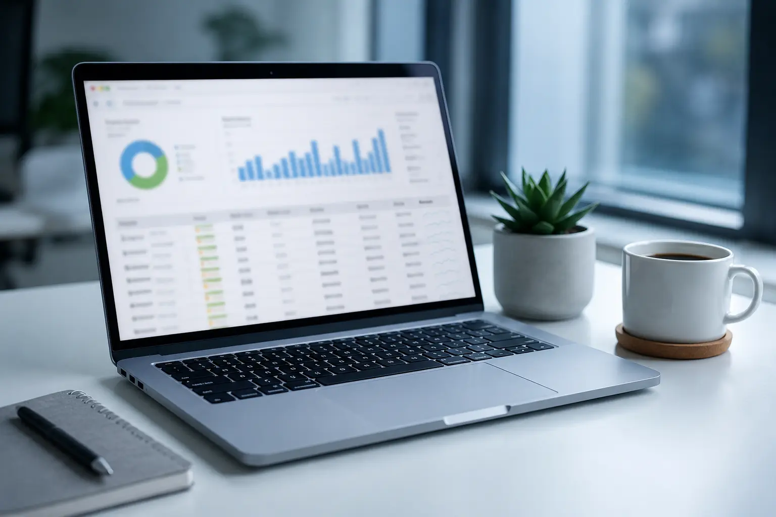 A laptop on a clean desk showing a blurred dashboard interface in cool morning light