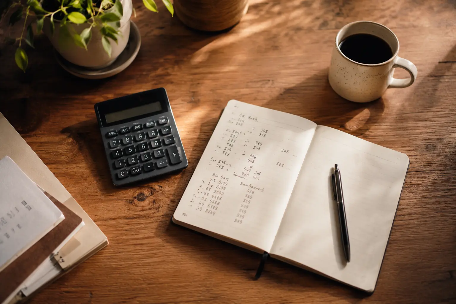 Calculator and notebook on a wooden desk